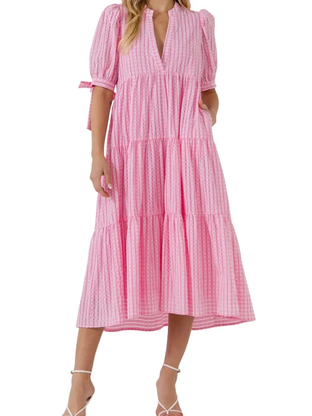 English Factory Pink Tiered Midi Dress with Puff Elbow Sleeves